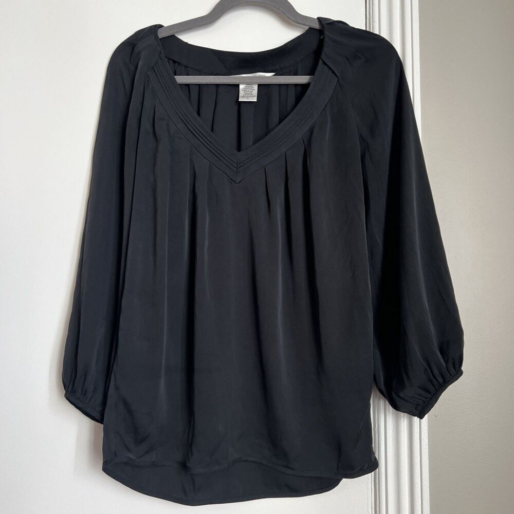 Diane Von Furstenberg 6 Top Blouse V Neck Black 100% Silk Puff Sleeve EXCELLENT